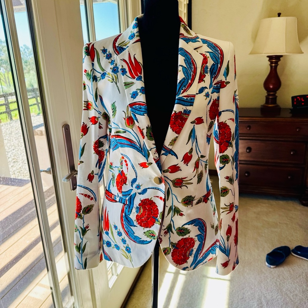 Escada White Floral Print Blazer with Red & Blue Accents NWT